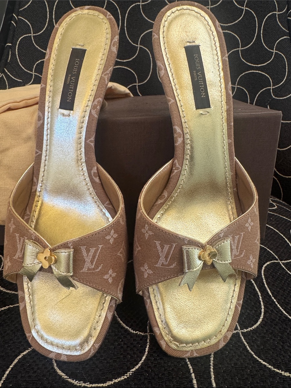 Louis Vuitton Tan Monogram Mules with Gold Bow Accent - Picture 6 of 6